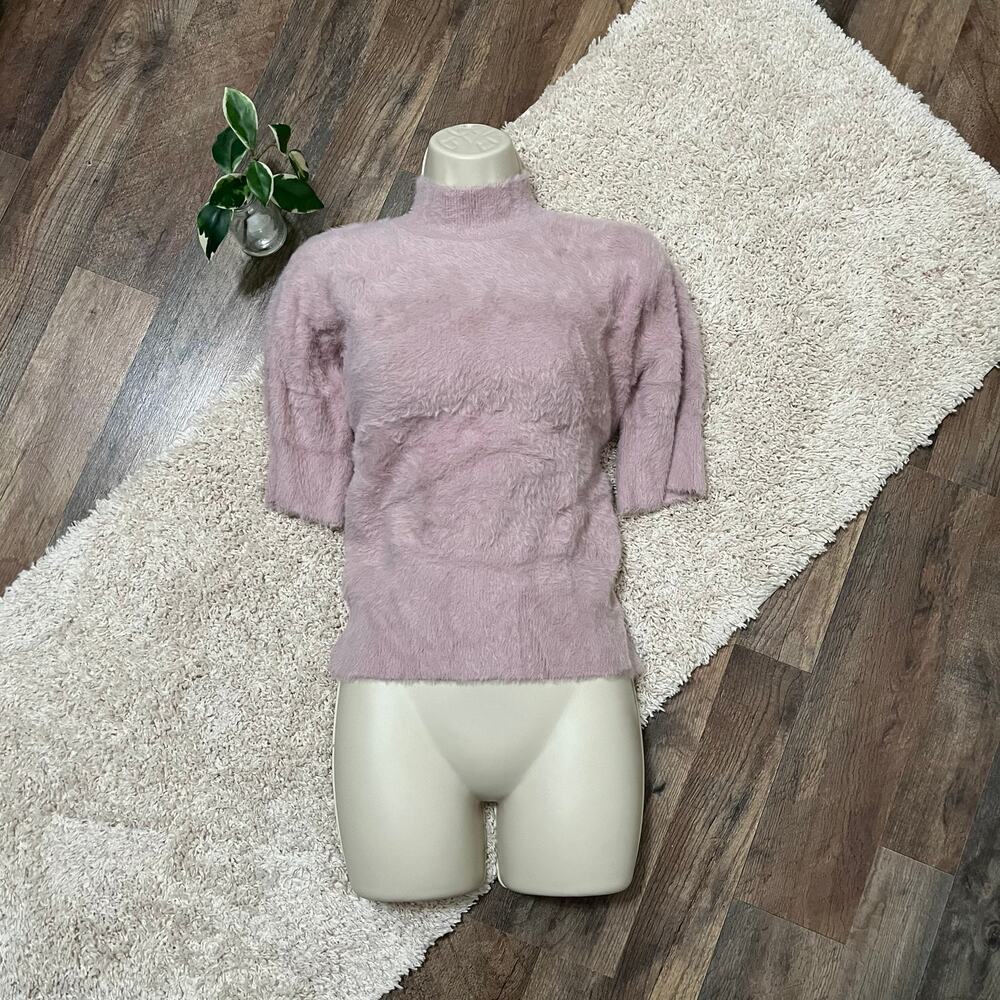 Revolve Bailey 44 L Pink Fuzzy Faux Fur Mock Neck Short Sleeve Pullover Sweater